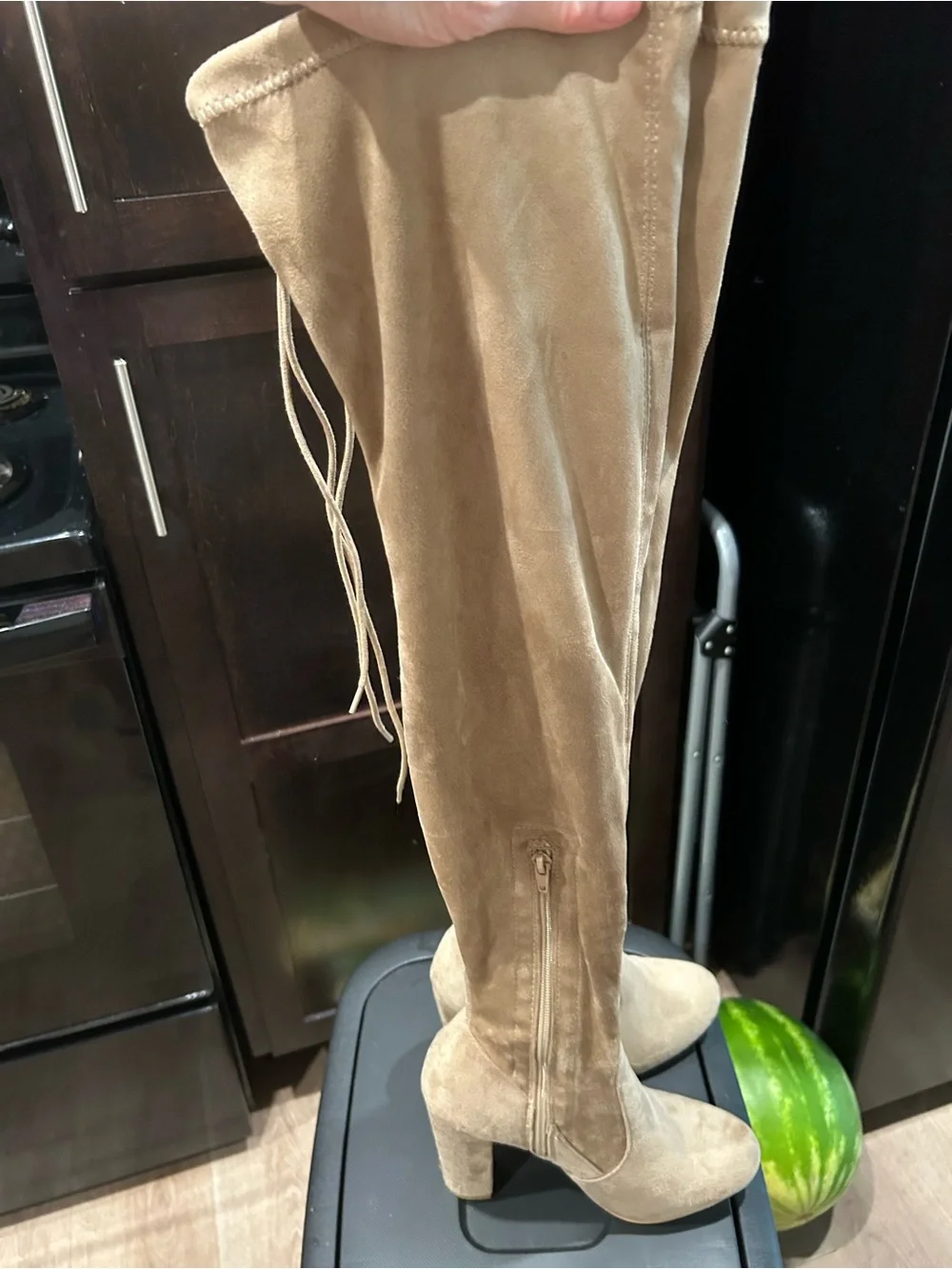 New Lulu’s Beige Suede Over-the-Knee Boots.   20 inches from the ankle up.